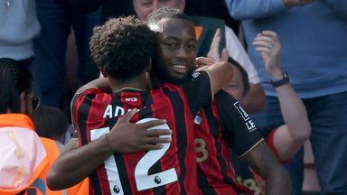 Antoine Semenyo (right) celebrates with Tyler Adams after scoring Bournemouth's second goal from the penalty spot