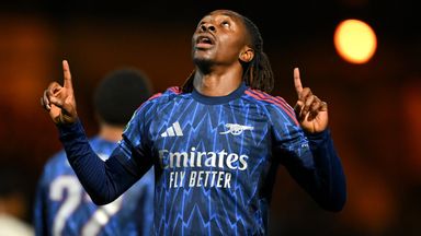 Eberechi Eze celebrates after putting Arsenal ahead against Port Vale in the Carabao Cup