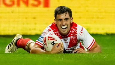 Picture by Allan McKenzie/SWpix.com - 18/09/2025 - Rugby League - Betfred Super League Round 27 - Hull KR v Warrington Wolves - Sewell Group Craven Park, Hull, England - Hull KR's Arthur Mourgue scores a try against Warrington.