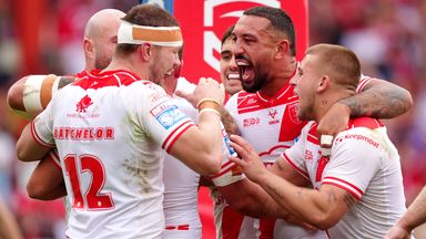 Hull KR players celebrate after Jez Litten scores their second try against Hull FC