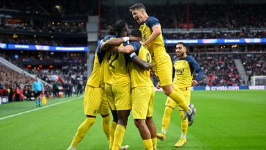 Promise David celebrates with team-mates after scoring for Union Saint-Gilloise against PSV in the Champions League