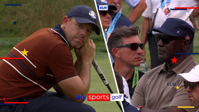 Rory McIlroy refuses to putt while the US crowds shout out at him on the sixth green at the Ryder Cup