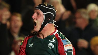 Leicester Tigers' Cameron Henderson celebrates a try in the thrilling win over Sale Sharks