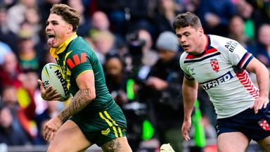 Picture by Allan McKenzie/SWpix.com - 25/10/2025 - Rugby League - 2025 ABK Beer Rugby League Ashes - England v Australia - Wembley Stadium, London, England - Reece Walsh of Australia breaks through to score a try
