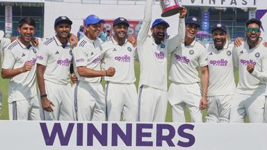 India players celebrate with the trophy after their 2-0 Test series sweep at home to West Indies