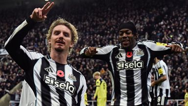 Nick Woltemade celebrates after scoring Newcastle's second goal against Spurs in the Carabao Cup