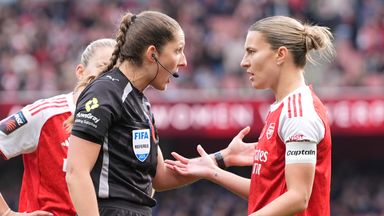 Arsenal captain Steph Catley speaks to referee Melissa Burgin