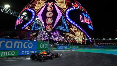 Max Verstappen on track passing the Sphere at the 2024 Las Vegas GP