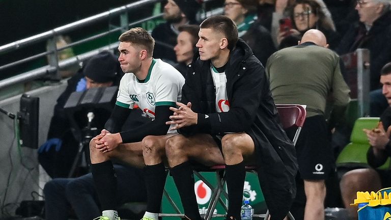 Ireland had Jack Crowley, Sam Prendergast (both pictured) and Andrew Porter all in the sin-bin to end the first half and start the second
