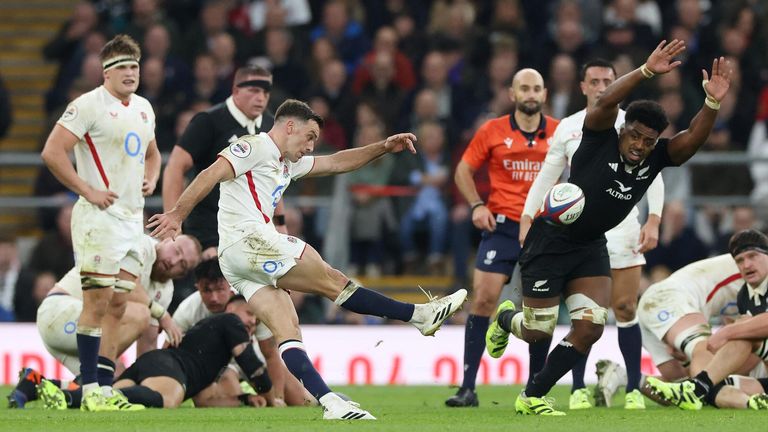 George Ford connects with a drop goal to close the gap between England and New Zealand