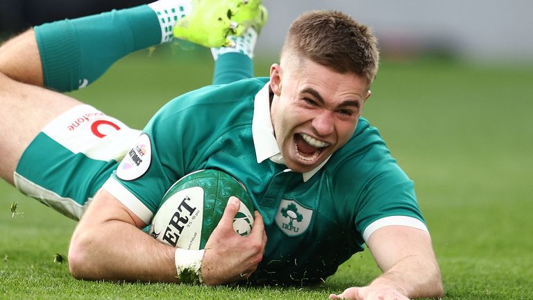 Ireland's Jack Crowley scores a try against Japan in Dublin (AP Photo/Peter Morrison)