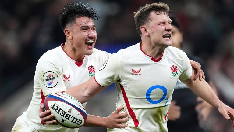 Fraser Dingwall celebrates after scoring England's third try against the All Blacks