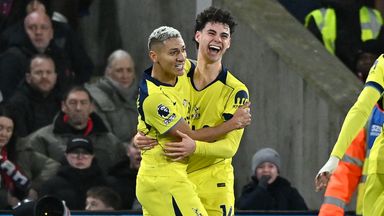 Archie Gray celebrates his goal for Tottenham Hotspur against Crystal Palace with team-mate Richarlison