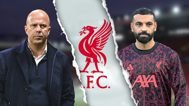 Arne Slot (left) and Mo Salah (right) stood either side of Liverpool FC badge with tear affect across middle of image