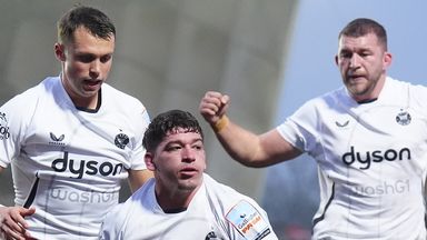 Bath Rugby's Dan Frost celebrates scoring a try against Newcastle