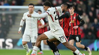 Antoine Semenyo (R) vies with Chelsea's Wesley Fofana 