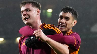 Evan Ferguson celebrates scoring Roma's second goal at Celtic in the Europa League