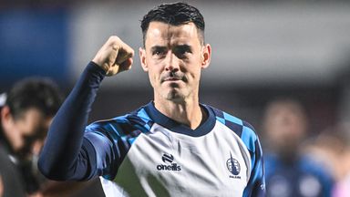 DUNDEE, SCOTLAND - NOVEMBER 22: Falkirk's Brian Graham celebrates his side's 3-0 victory during a William Hill Premiership match between Dundee United and Falkirk at The Calforth Construction Arena at Tannadice Park, on November 22, 2025, in Dundee, 