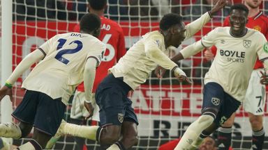 Soungoutou Magassa (centre) celebrates scoring West Ham's late equaliser at Man Utd