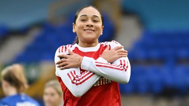 Olivia Smith celebrates after scoring Arsenal's third goal at Everton