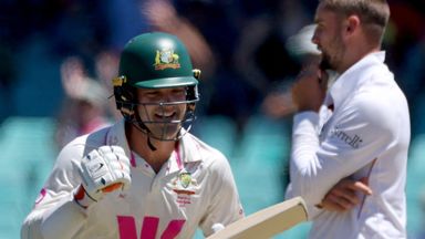 Alex Carey celebrates after hitting the winning runs on day five of the fifth Ashes Test