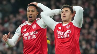 Martin Zubimendi and Gabriel react to a missed Arsenal chance