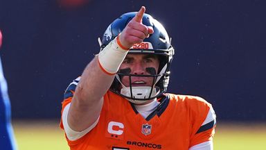Denver Broncos quarterback Bo Nix celebrates after a first down during the first half of an NFL divisional round playoff football game against the Buffalo Bills, Saturday, Jan. 17, 2026, in Pittsburgh. (AP Photo/David Zalubowski)