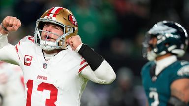 San Francisco 49ers quarterback Brock Purdy celebrates his game-winning touchdown pass to Christian McCaffrey