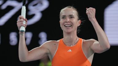 Elina Svitolina of Ukraine celebrates after defeating Mirra Andreeva of Russia in their fourth round match at the Australian Open tennis cha