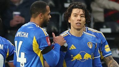 Ao Tanaka is congratulated after giving Leeds the advantage against Derby