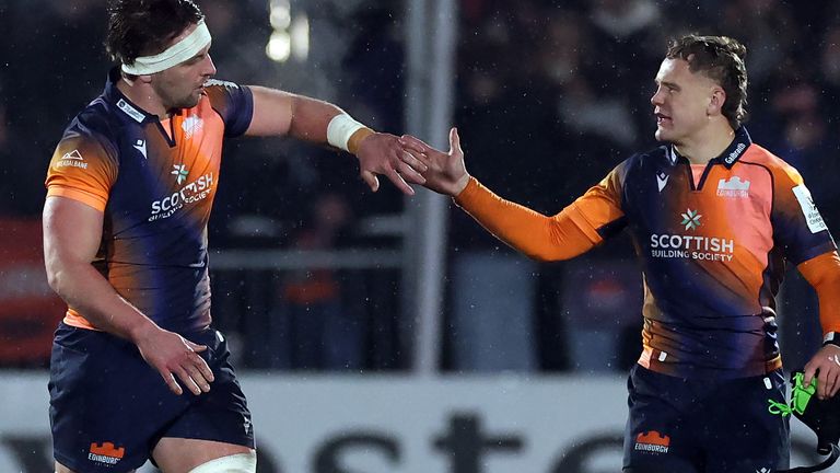 Edinburgh's Ben Muncaster and Darcy Graham after their side are awarded a penalty try against Gloucester