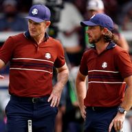 Tommy Fleetwood and Justin Rose of Team Europe during the afternoon fourball matches on day two of the Ryder Cup at Bethpage Black