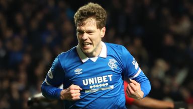 Rangers' Andreas Skov Olsen celebrates scoring the third goal against Kilmarnock