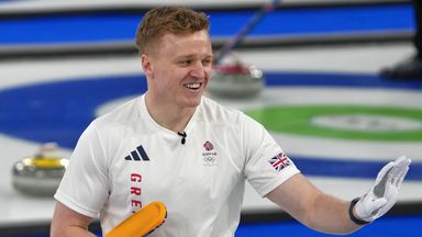 Britain's Bobby Lammie reacts during the men's curling round robin session against the United States, at the 2026 Winter Olympics, in Cortin
