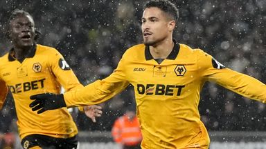 Joao Gomes wheels away to celebrate his goal that put Wolves 1-0 up against Aston Villa