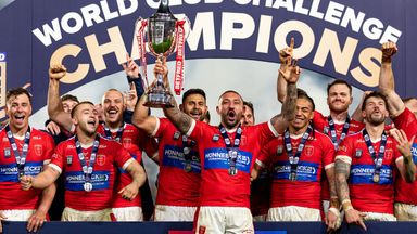 Hull KR lift the World Club Challenge trophy after victory over Brisbane Broncos