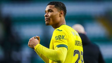 Kai Andrews celebrates at full time after scoring a late winner in Hibs' 2-1 win at Celtic