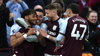 Tyrone Mings celebrates Aston Villa's winner, an own goal scored by Jack Hinshelwood