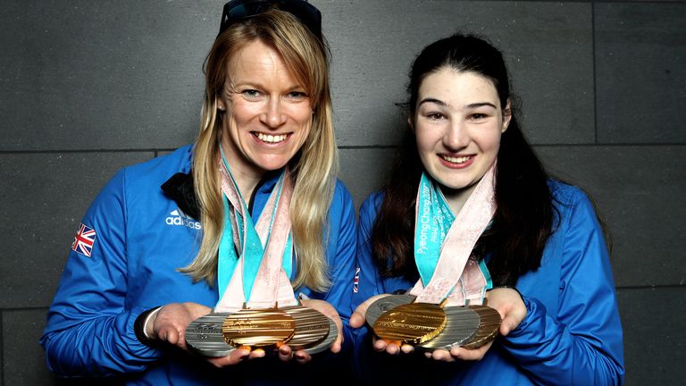Menna Fitzpatrick and her guide Jennifer Kehoe with their medals after the PyeongChang 2018 Winter Paralympics