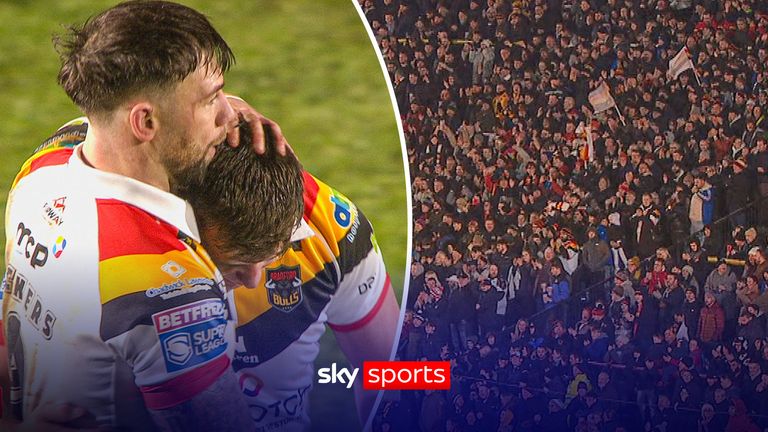 Andy Ackers marca o primeiro try em casa do Bradford Bulls na Super League contra o Catalans Dragons