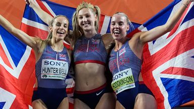 Georgia Hunter Bell, (left) Molly Caudery (centre) and Hodgkinson (right) won their events at the World Indoor Championships within the span of just 30 minutes