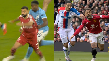 Marc Guehi was only booked for this foul on Mohamed Salah, while Maxence Lacroix was sent off for his pull on Matheus Cunha