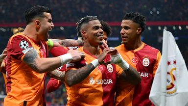 Mario Lemina celebrates with his Galatasaray team-mates after scoring what proved to be the winning goal