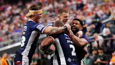 Picture by Alex Whitehead/SWpix.com - 28/02/2026 - Rugby League - Betfred Super League Round 3 - Hull KR v Leeds Rhinos - Allegiant Stadium, Las Vegas, USA - Maika Sivo of Leeds celebrating his try with Ash Handley of Leeds