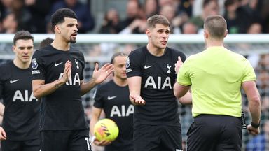 Tottenham players protest after Harry Wilson opened the scoring at Craven Cottage