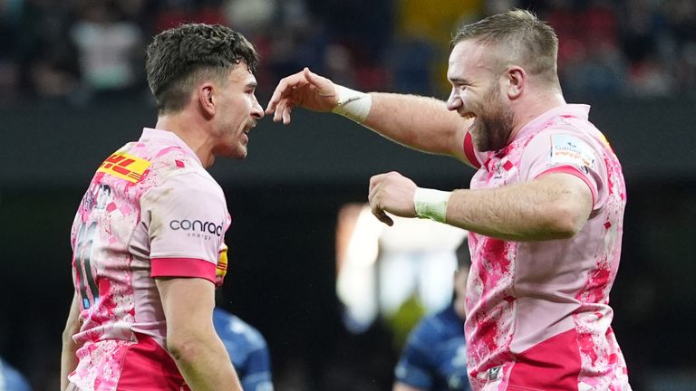 Harlequins celebrate their victory at the final whistle at the Principality Stadium