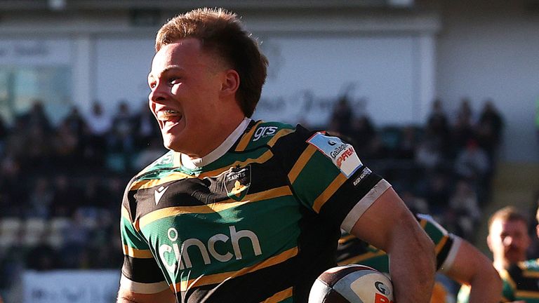 Tom Litchfield runs in for a Northampton try in their Gallagher Prem win over Newcastle