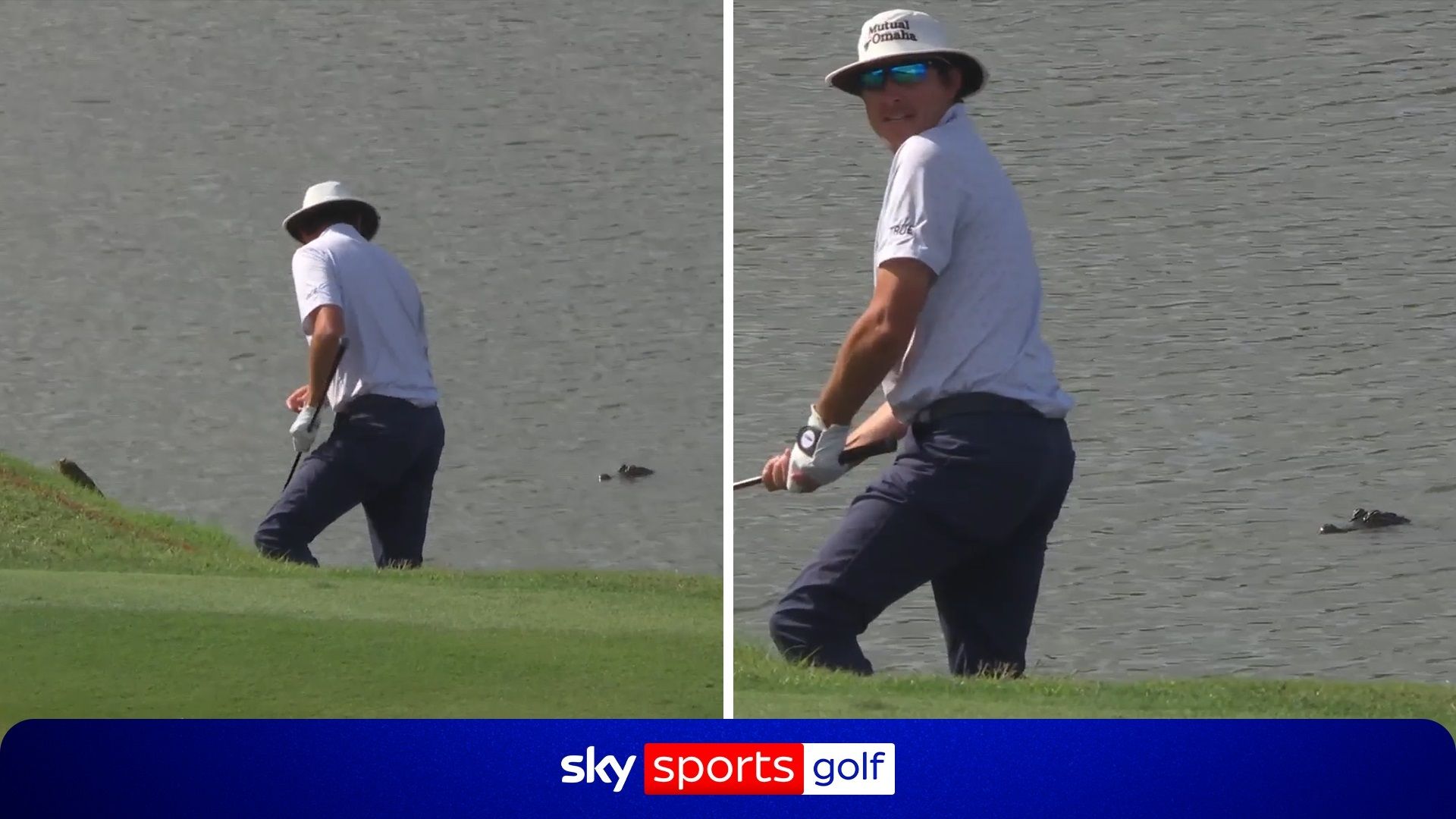 Alligator watches on as Dahmen takes shot from ridge of water!