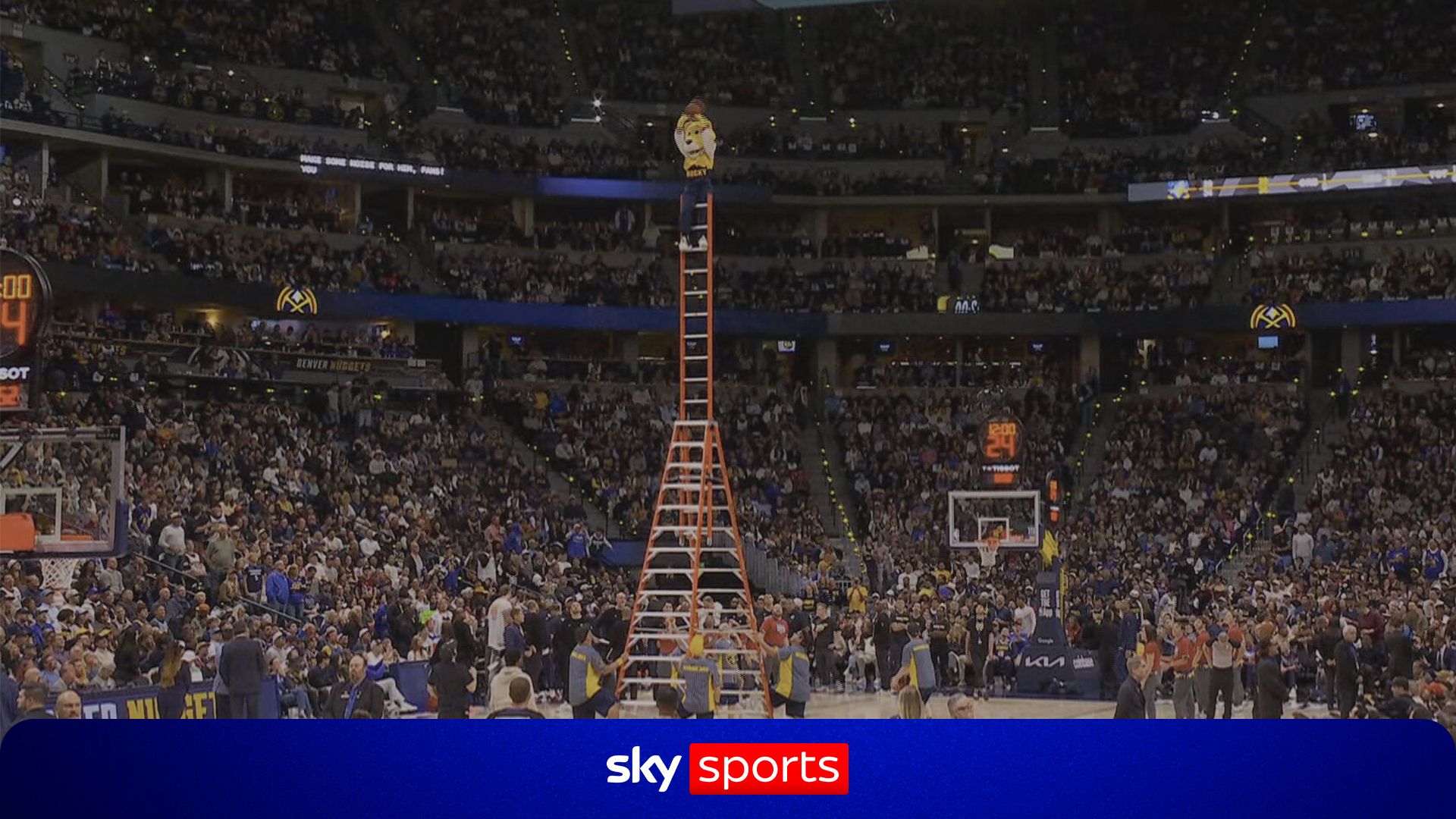 Nuggets mascot sinks over the head halfcourt shot...up two ladders!