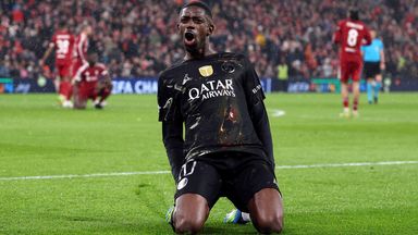 Ousmane Dembele celebrates after scoring against Liverpool